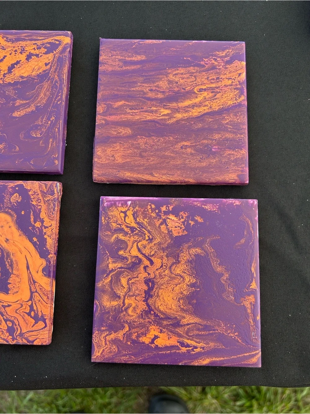 Hand Crafted Set of 4 Abstract Purple and Orange Marble Coasters